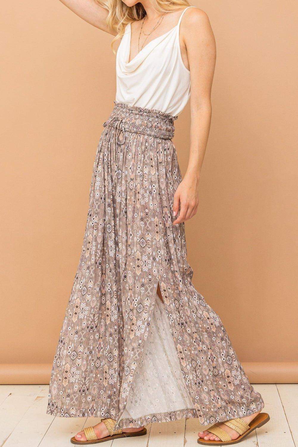 And The Why Printed Smocked Waist Slit Wide Leg Pants - Admiresty