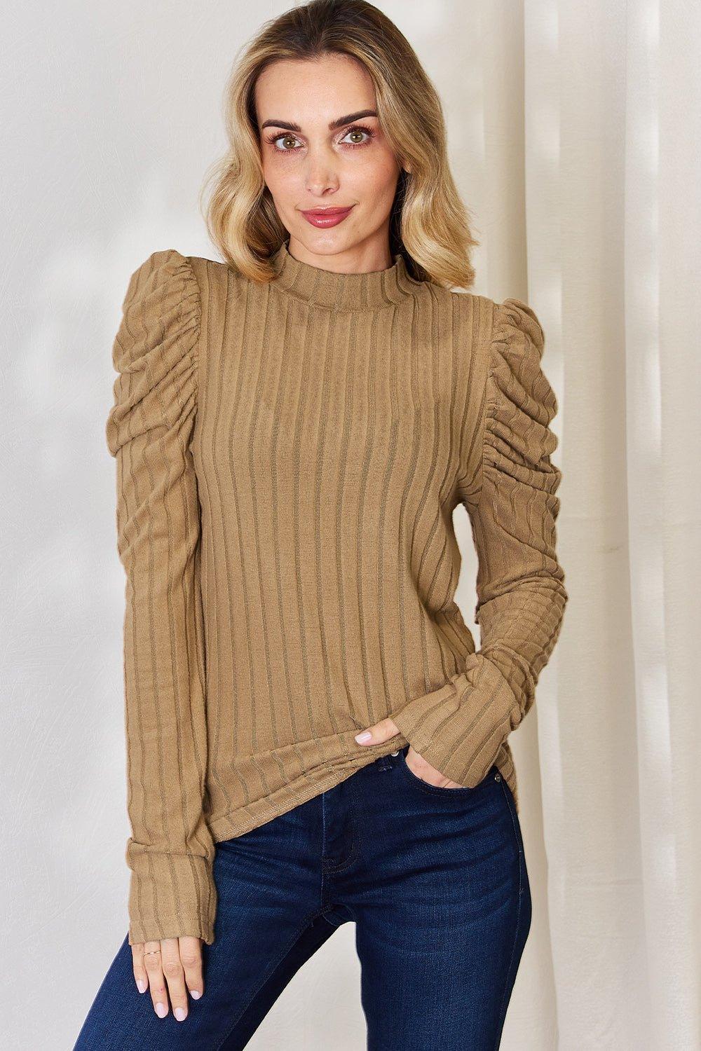 Basic Bae Full Size Ribbed Mock Neck Puff Sleeve T - Shirt - Admiresty