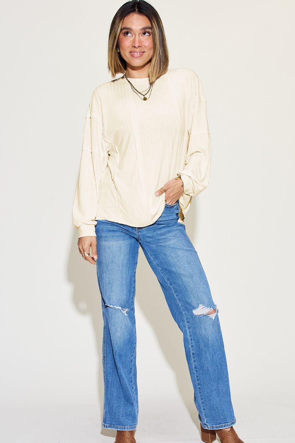 Basic Bae Full Size Ribbed Round Neck Long Sleeve T - Shirt - Admiresty