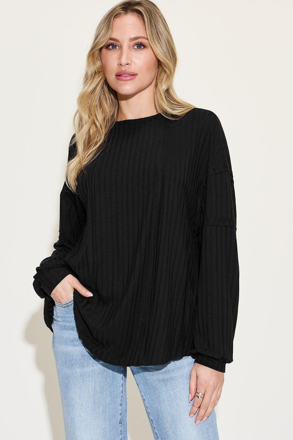 Basic Bae Full Size Ribbed Round Neck Long Sleeve T - Shirt - Admiresty