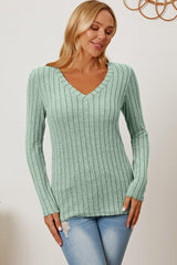 Basic Bae Full Size Ribbed V - Neck Long Sleeve T - Shirt - Admiresty