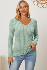 Basic Bae Full Size Ribbed V - Neck Long Sleeve T - Shirt - Admiresty