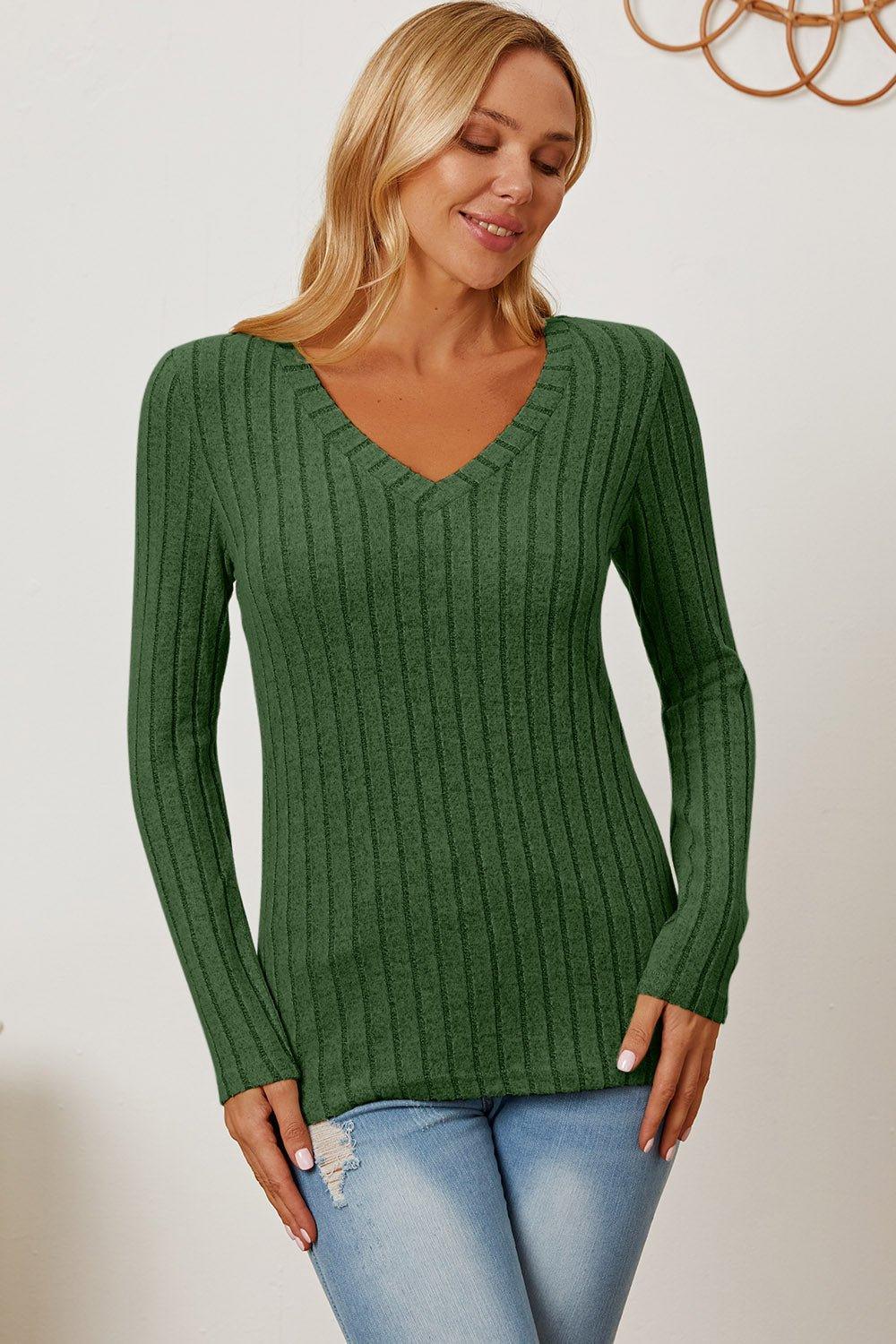 Basic Bae Full Size Ribbed V - Neck Long Sleeve T - Shirt - Admiresty