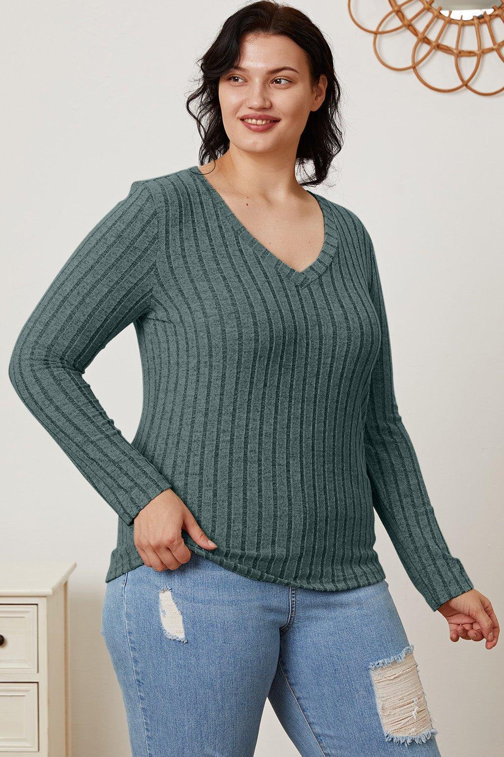 Basic Bae Full Size Ribbed V - Neck Long Sleeve T - Shirt - Admiresty