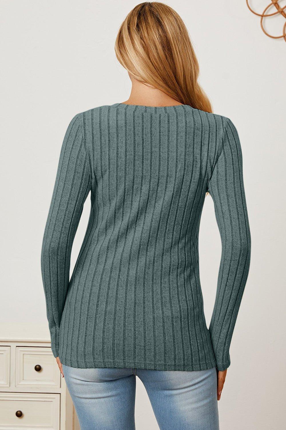 Basic Bae Full Size Ribbed V - Neck Long Sleeve T - Shirt - Admiresty