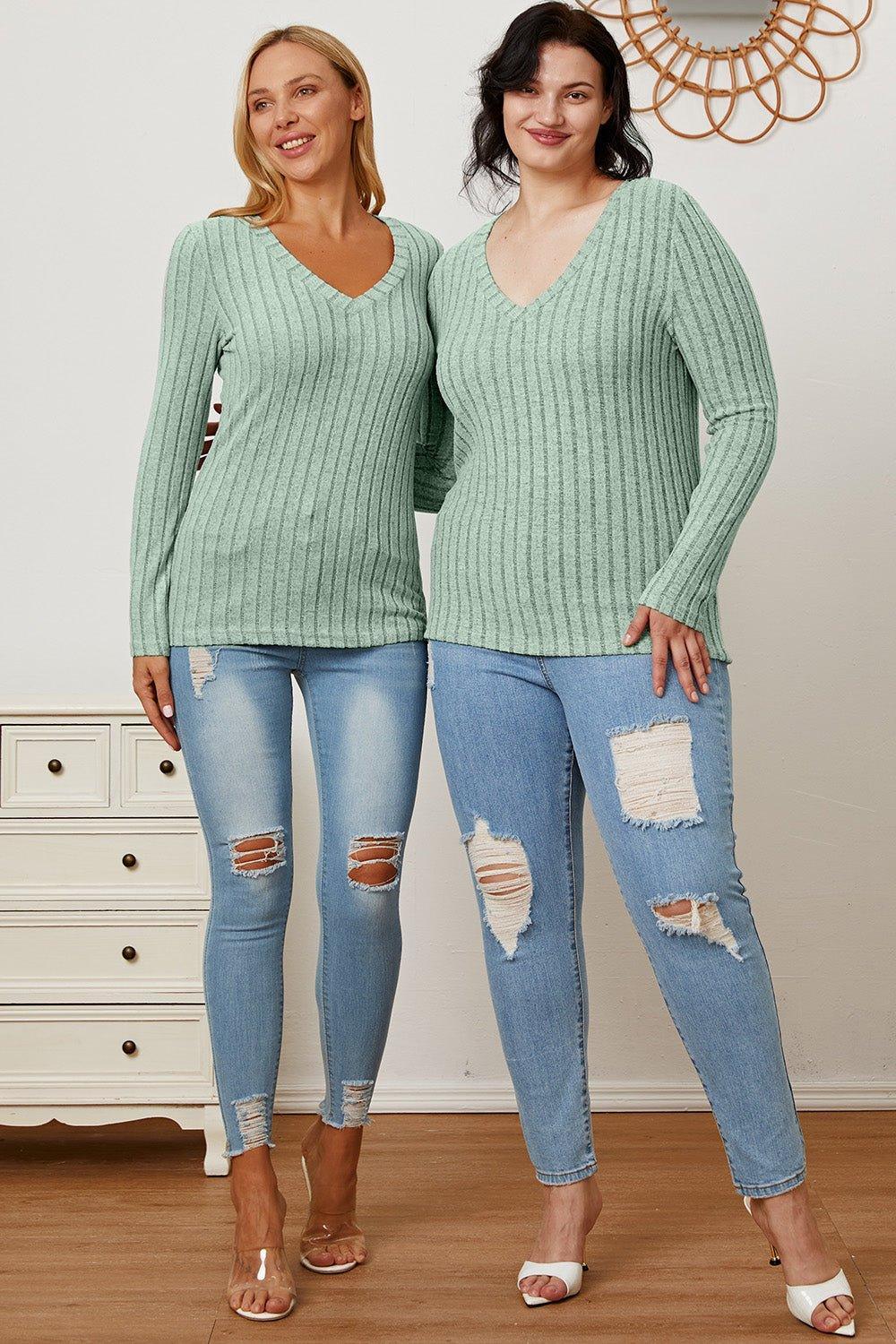 Basic Bae Full Size Ribbed V - Neck Long Sleeve T - Shirt - Admiresty