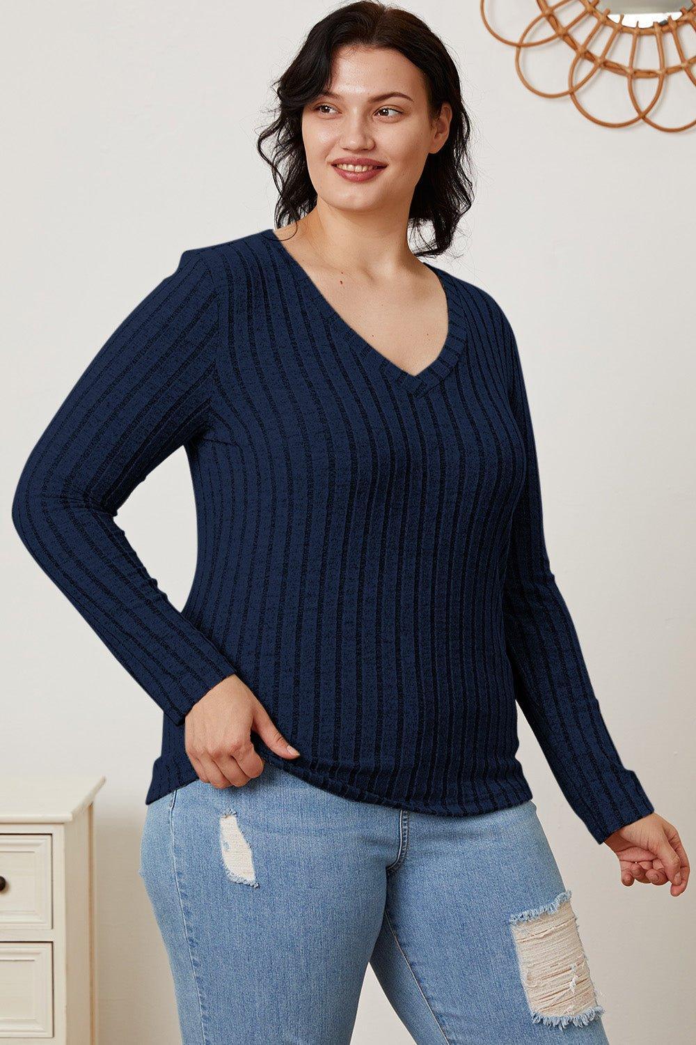Basic Bae Full Size Ribbed V - Neck Long Sleeve T - Shirt - Admiresty