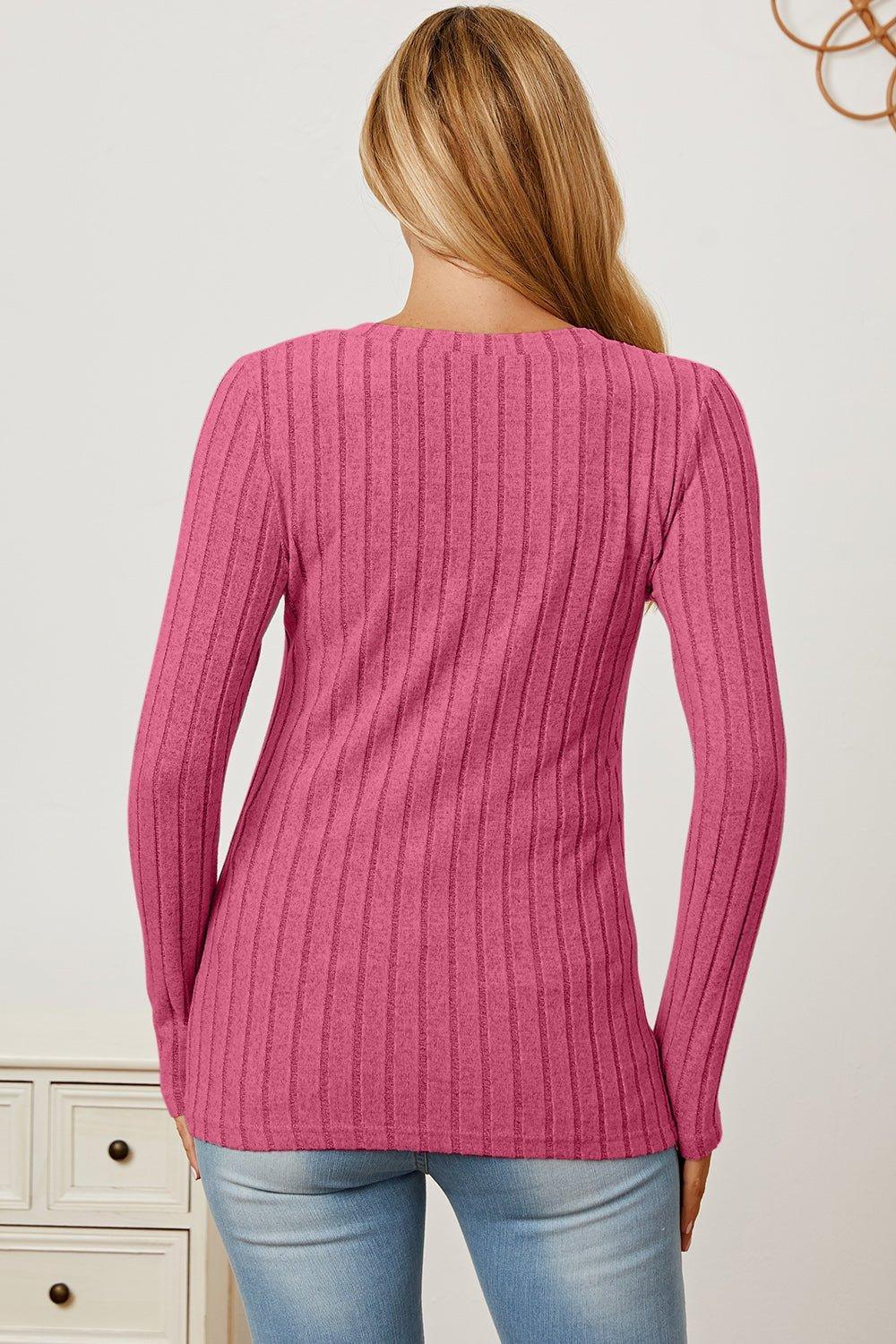 Basic Bae Full Size Ribbed V - Neck Long Sleeve T - Shirt - Admiresty