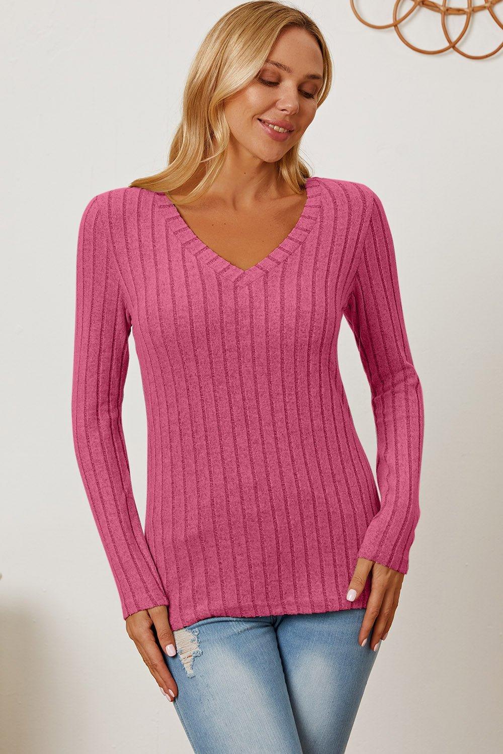 Basic Bae Full Size Ribbed V - Neck Long Sleeve T - Shirt - Admiresty
