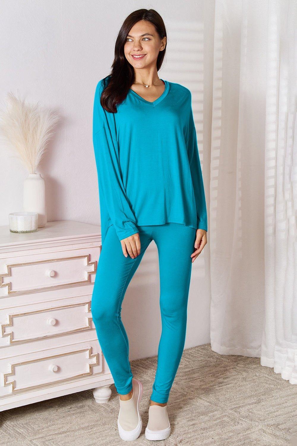 Basic Bae Full Size V - Neck Soft Rayon Long Sleeve Top and Pants Lounge Set - Admiresty