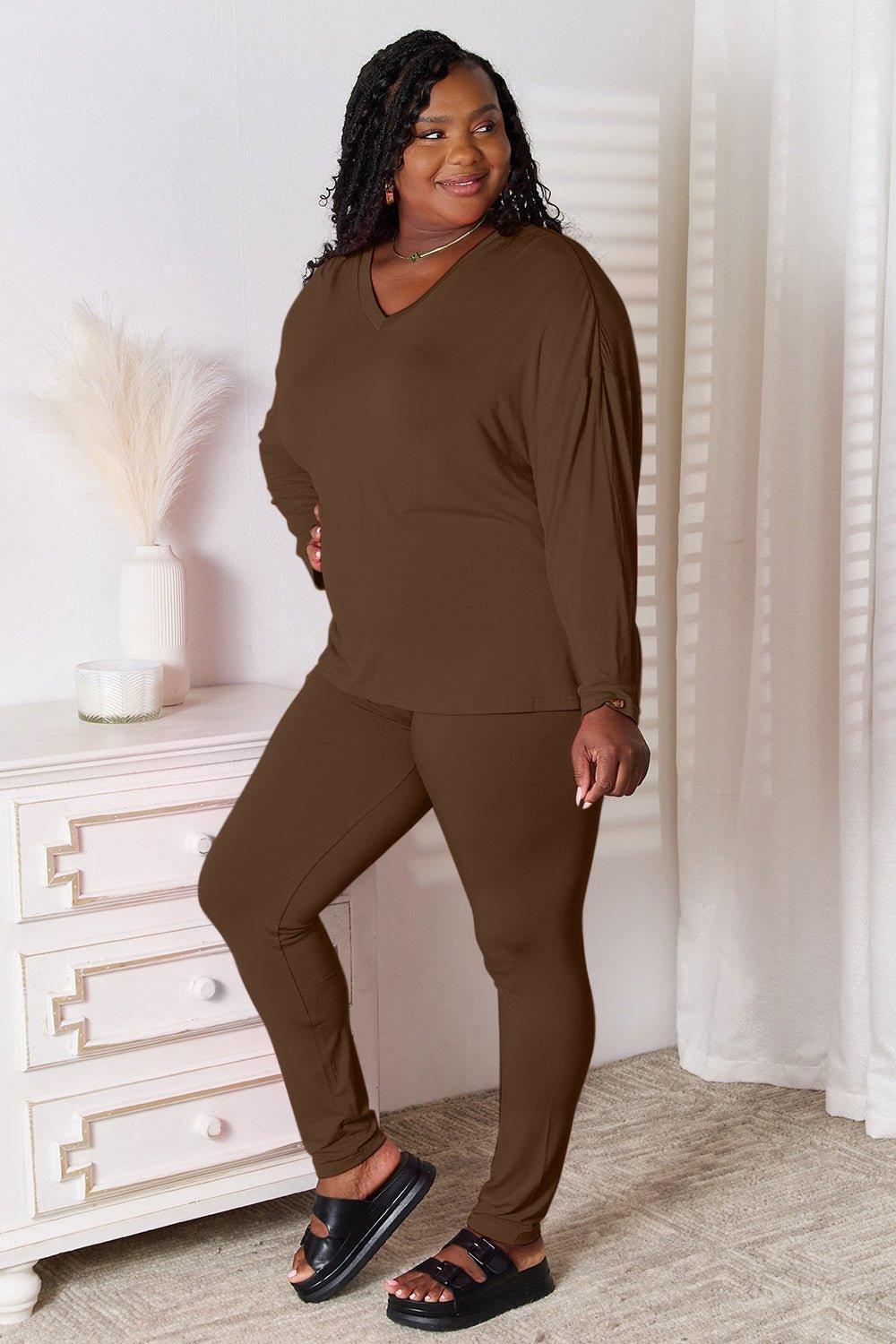 Basic Bae Full Size V - Neck Soft Rayon Long Sleeve Top and Pants Lounge Set - Admiresty
