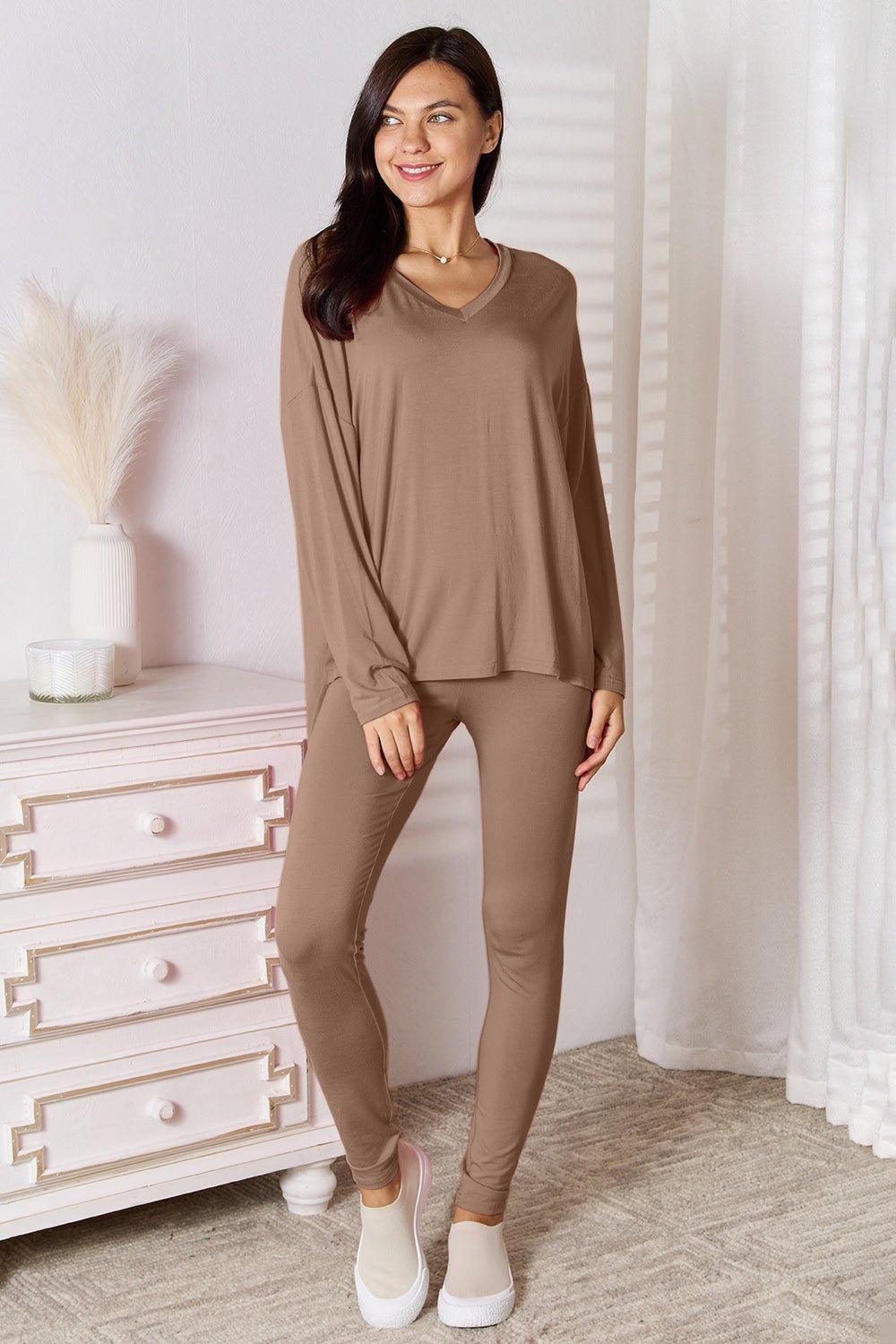Basic Bae Full Size V - Neck Soft Rayon Long Sleeve Top and Pants Lounge Set - Admiresty
