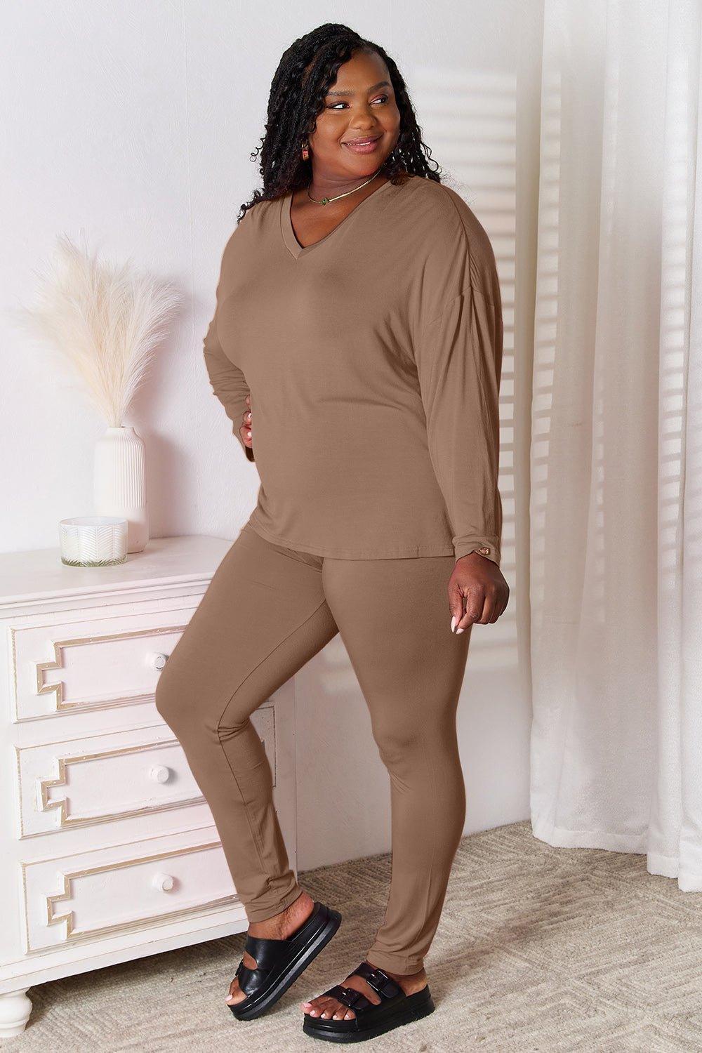 Basic Bae Full Size V - Neck Soft Rayon Long Sleeve Top and Pants Lounge Set - Admiresty