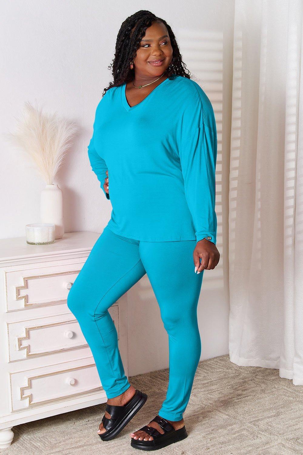 Basic Bae Full Size V - Neck Soft Rayon Long Sleeve Top and Pants Lounge Set - Admiresty