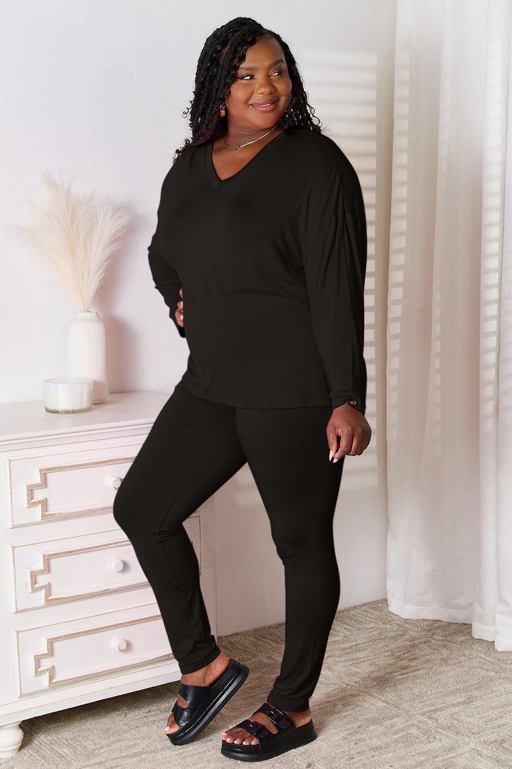 Basic Bae Full Size V - Neck Soft Rayon Long Sleeve Top and Pants Lounge Set - Admiresty