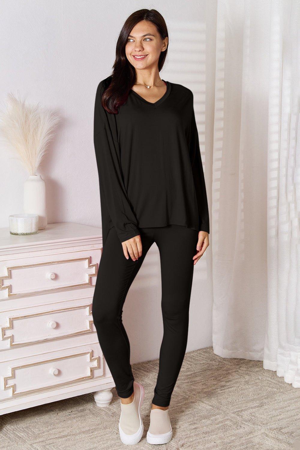 Basic Bae Full Size V - Neck Soft Rayon Long Sleeve Top and Pants Lounge Set - Admiresty