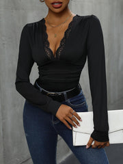 Lace Detail Plunge Long Sleeve Bodysuit