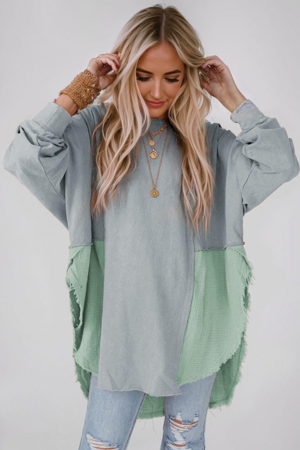 Contrast Texture Round Neck Long Sleeve Blouse - Admiresty