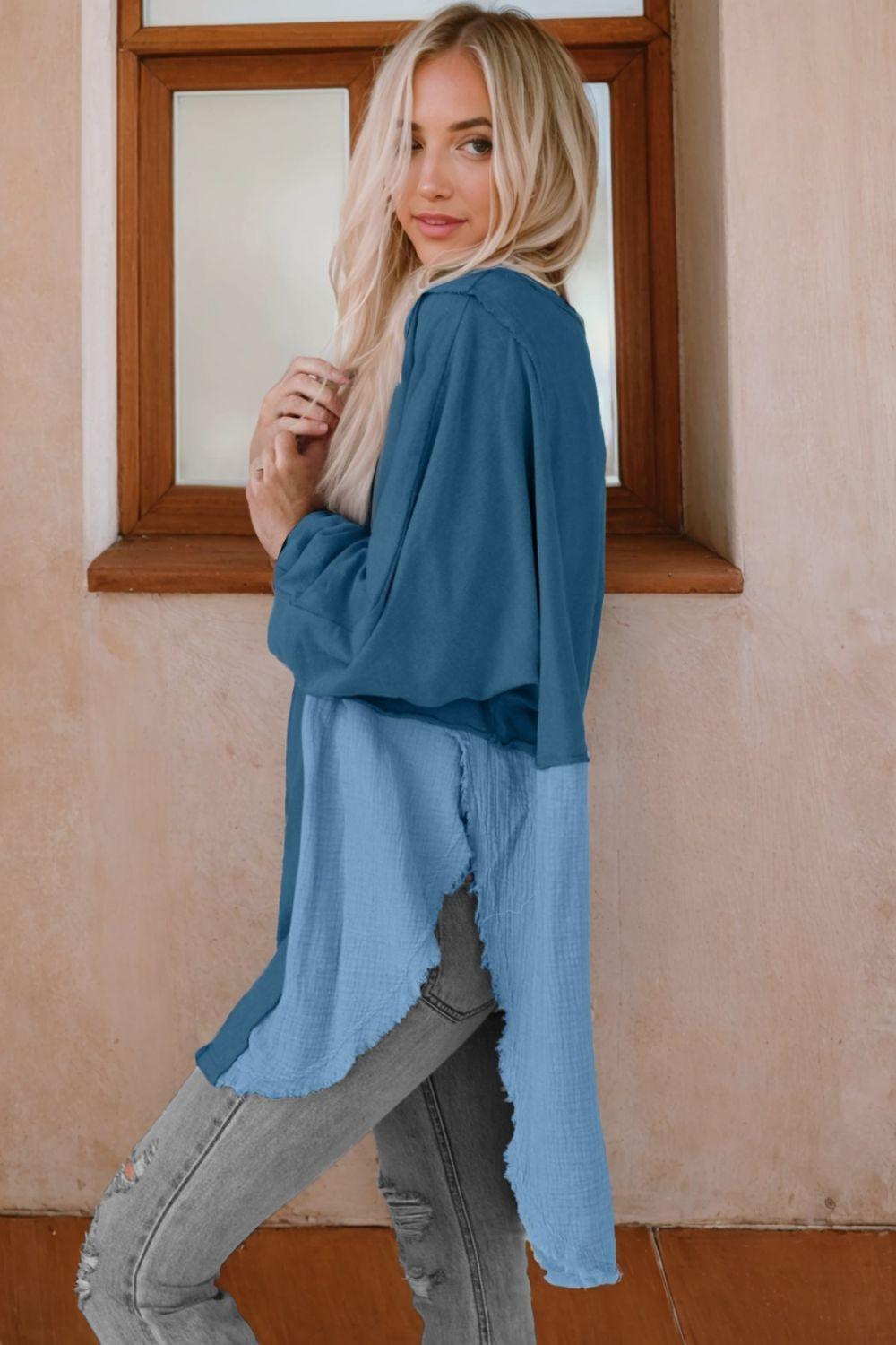 Contrast Texture Round Neck Long Sleeve Blouse - Admiresty